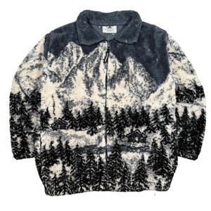 Vintage Black Mountain AOP Outdoor Fleece Jacket Mountain Cabin Scene Small